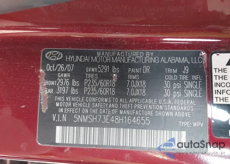 2008 Hyundai Santa Fe Limited/Se z USA, uszkodzony, nr VIN 5NMSH73E48H164655